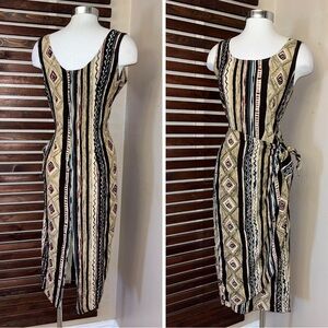 1990s Meghan Matthews Vintage Black Red Green Blue Tan Wrap Tie Waist Dress